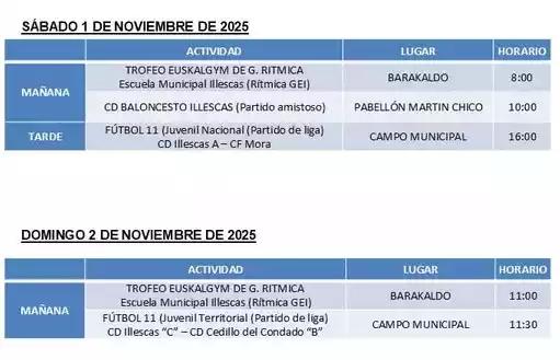 Actividades Deportivas días 1 y 2 de Noviembre en Illescas